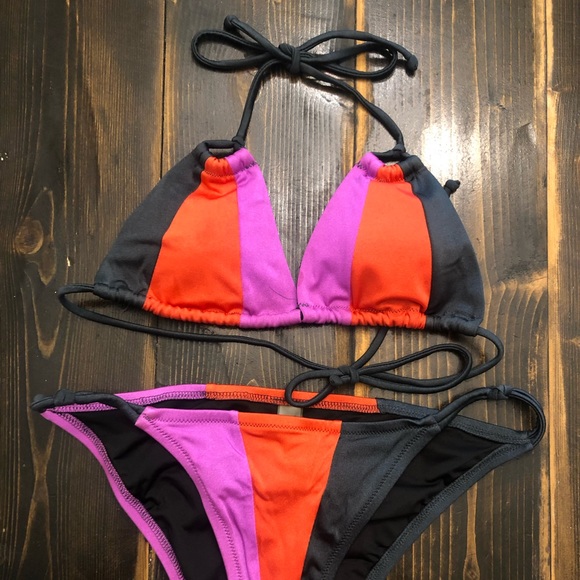 Victoria Secret 2 Piece Purple, Red/Orange & Gray Striped Swimsuit SZ Small - Picture 6 of 6